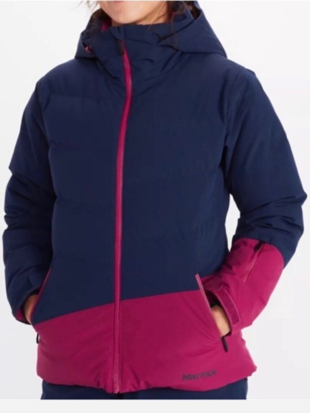 NWT Marmot Slingshot Hooded 700 Fill Down Navy/Rose Zip Front Jacket Size Small